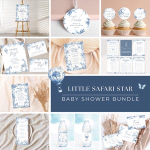 Kit Chá de Bebê Blue Safari, Modellbearbeitung für Chá de Bebê Blue Toile no Canva, Jogos für Imprimir und Topos de Bolo, Dekor für Festa de Bebê Blue