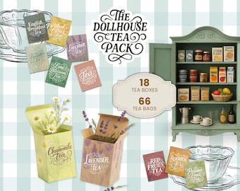 Mini scatole da tè e bustine da tè per case delle bambole stampabili / Cibo in miniatura stampabile / Download digitale fai da te / Set da tè per case delle bambole vintage / Mini decorazioni da cucina