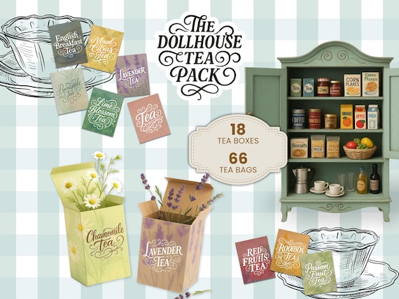 Dollhouse Mini Tea Boxes & Tea Bags Printable | Tiny Food  Printable | DIY Digital Download | Vintage Dollhouse Tea Set | Mini Kitchen Decor