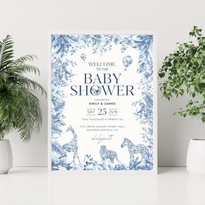 Blauwe safari babyshower welkomstbord, bord 18'' x 24'', blauwe safari toile de jouy, instant download, canvassjabloon met bewerkbare tekst