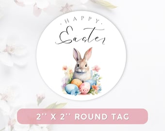 Etichette rotonde stampabili con coniglietto pasquale, etichette floreali primaverili per cestini di uova, adesivi stampabili per bomboniere