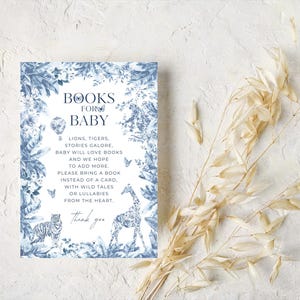 Blauwe safari babyshowerkaartboek, bewerkbare toile de jouy-dierenkaart, babyjongen bewerkbare kaart, direct downloaden