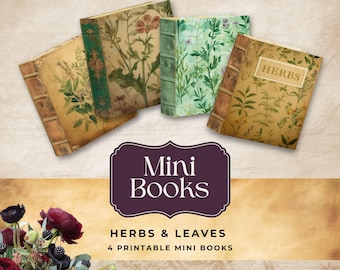 Utskrivbar minibok med dockskåp, örttema, botaniskt minibibliotek, nedladdning av skräpjournal, vintage-ephemera