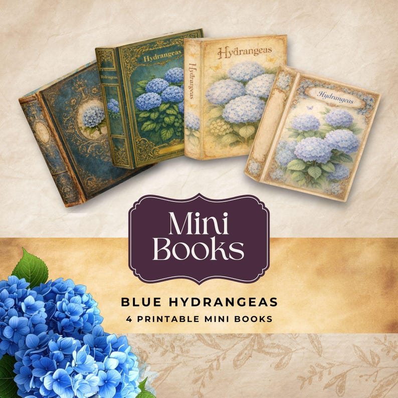 Blue Hydrangea Mini Books Printable, Dollhouse Botanical Decor ...