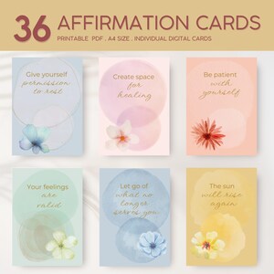 36 Tarjetas de Afirmación: Flores de acuarela pastel para el bienestar y la salud mental. Tarjetas digitales minimalistas de bienestar. Tarjetas imprimibles para la mentalidad.