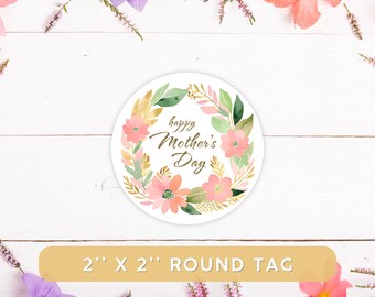 Printable 2″ Mother’s Day Round Tags – Floral Wreath ‘Happy Mother’s Day’ Labels, Cupcake Toppers – Instant download – Mother's Day favors