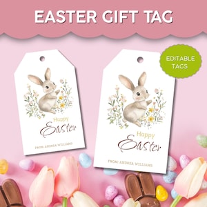 Bearbeitbare Ostergeschenkkarte, druckbares Etikett für Osterhasen und Blumen, digitaler Download Frohe Ostern Etikett, Kinderetikett, Feiertagskorbetikett