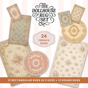 Afdrukbare Franse tapijten poppenhuis, 1:12 miniatuur tapijtset, Aubusson Savonnerie-stijl, ronde en rechthoekige tapijten, vintage minidecor