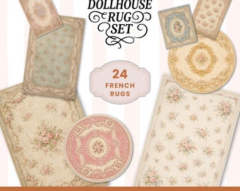 Alfombras francesas para casa de muñecas imprimibles, juego de alfombras en miniatura 1:12, estilo Aubusson Savonnerie, alfombras redondas y rectangulares, decoración vintage en miniatura.