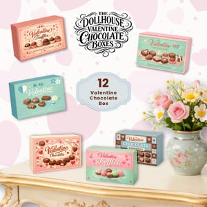 May include: An assortment of Valentine's Day chocolate boxes. The boxes are in various colors, including pink, blue, and green, and feature the text "Valentine Chocolates" and "Valentine Truffles". A vase of flowers is on the right.
