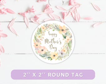 Printable Round Mother's Day Label, Floral Cupcake Topper, Happy Mother's Day Tags, 2 x 2 Wreath Stickers, Instant Download