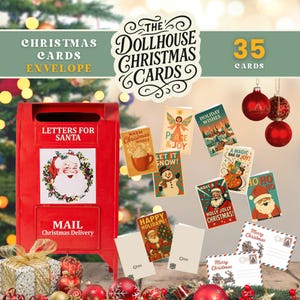 May include: A Christmas card set featuring a red postbox with "Letters for Santa" and "Mail Christmas Delivery" labels. The set includes 35 cards with festive designs and the text "The Dollhouse Christmas Cards."