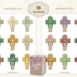 Pode incluir: Imagem mostrando 18 caixas de ch&aacute; em v&aacute;rias cores, com uma caixa central rotulada como "Lavender Tea". As caixas s&atilde;o projetadas para o tamanho US Letter (21,6 x 27,9 cm) e apresentam designs exclusivos. A imagem inclui o texto "18 TEA BOXES".