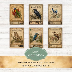 Vintage Bird Matchbox Printable Kit, 6 Mini Matchboxes with Ephemera Cards, Nature Junk Journal, Cottagecore Craft PDF
