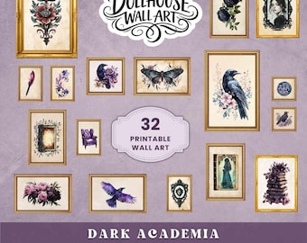 32 poppenhuisminiatuur Dark Academia Wall Art Prints, Gothic Vintage Decor, 1:12 afdrukbare Dollhouse Gallery Wall Set, antieke bibliotheek