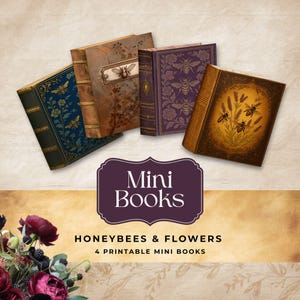 Peut inclure: Quatre mini-livres avec des couvertures de style vintage. Les livres présentent des motifs d'abeilles, de fleurs et d'éléments botaniques dans des tons de bleu, marron et violet. Le texte "Mini Books" et "Honeybees & Flowers" est également visible.