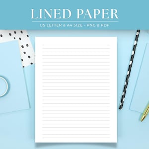 May include: White lined paper with the text "LINED PAPER" in a light blue banner. The paper is US Letter and A4 size, and the image includes a black and white striped straw and a gold pen on a light blue background.