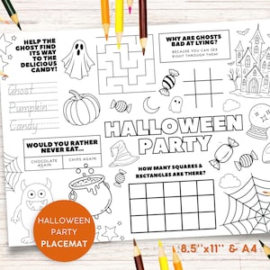 Könnte beinhalten: Schwarz-weiß Halloween-Party-Platzset mit verschiedenen Aktivitäten, darunter ein Labyrinth und Ausmalbereiche. Mit einem Geist, Kürbis, Süßigkeiten und dem Text "Halloween Party". Erhältlich in den Größen 8,5" x 11" und A4, ca. 21,6 x 27,9 cm und A4.