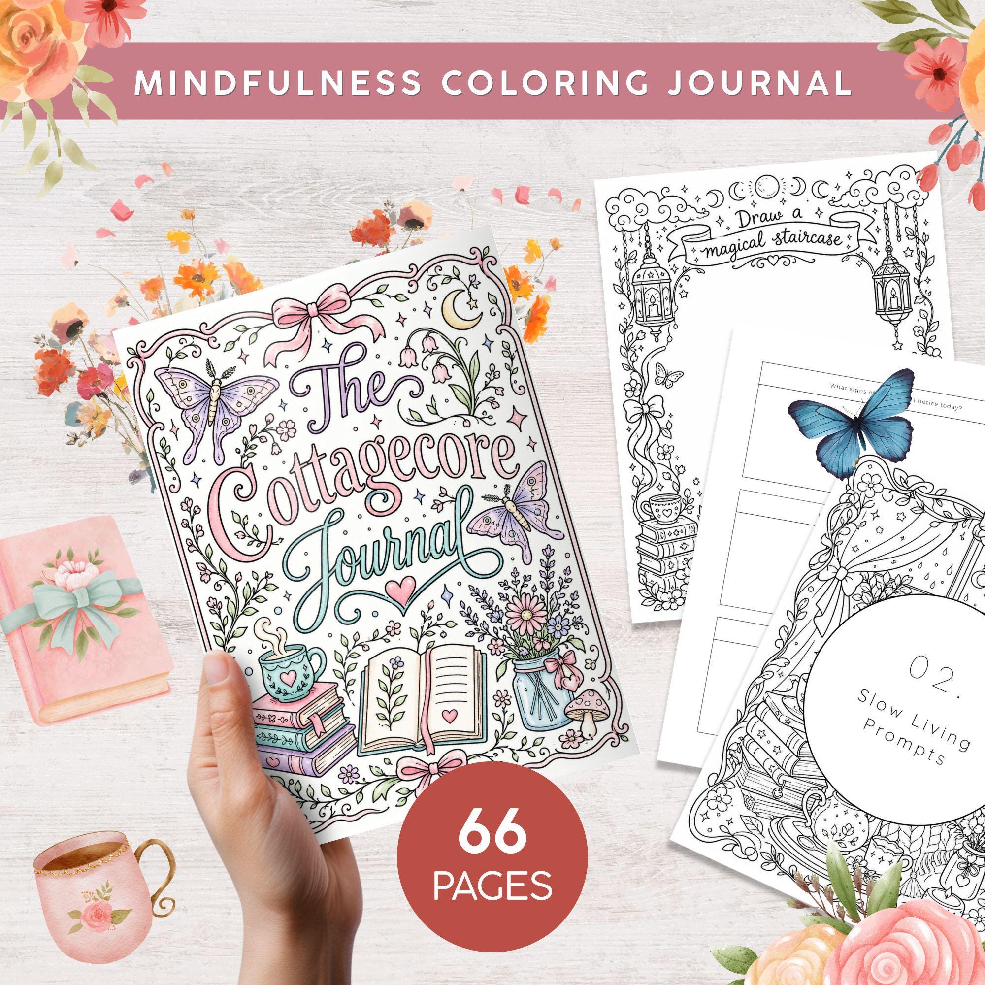 The Cottagecore Journal, Printable Mindfulness Journal, Self Care Workbook, Gratitude Prompts Coloring Pages, 50 Affirmation Cards