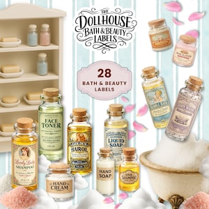 Etiquetas imprimibles para baño y belleza, etiquetas pequeñas para spa de casa de muñecas a escala 1:12, miniaturas de baño vintage, descarga JPG