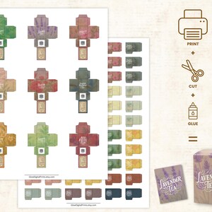 Pode incluir: Modelos imprim&iacute;veis de caixas de ch&aacute; em v&aacute;rias cores, incluindo verde, roxo e vermelho. Cada caixa apresenta um r&oacute;tulo com nomes de ch&aacute; como "Lavender Tea" e "Red Fruit Tea". As instru&ccedil;&otilde;es para impress&atilde;o, corte e colagem tamb&eacute;m s&atilde;o exibidas.