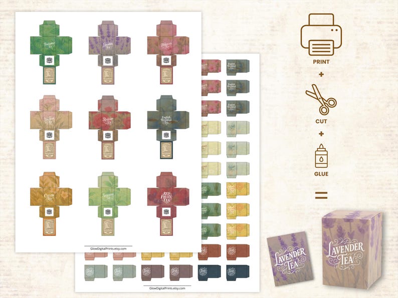 Pode incluir: Modelos imprim&iacute;veis de caixas de ch&aacute; em v&aacute;rias cores, incluindo verde, roxo e vermelho. Cada caixa apresenta um r&oacute;tulo com nomes de ch&aacute; como "Lavender Tea" e "Red Fruit Tea". As instru&ccedil;&otilde;es para impress&atilde;o, corte e colagem tamb&eacute;m s&atilde;o exibidas.