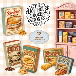 May include: A collection of miniature grocery boxes, including cereal, coffee, crackers, spaghetti, and yeast. The boxes feature vintage-style packaging with detailed graphics and text. A pink dollhouse cabinet is visible in the background, with additional miniature food items.