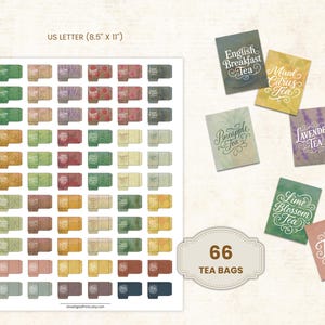 Pode incluir: Uma imagem com 66 etiquetas de saquinhos de ch&aacute; em v&aacute;rias cores, com textos como "English Breakfast Tea" e "Pineapple Tea". A imagem tamb&eacute;m inclui etiquetas individuais de saquinhos de ch&aacute; e uma etiqueta que diz "66 Tea Bags".