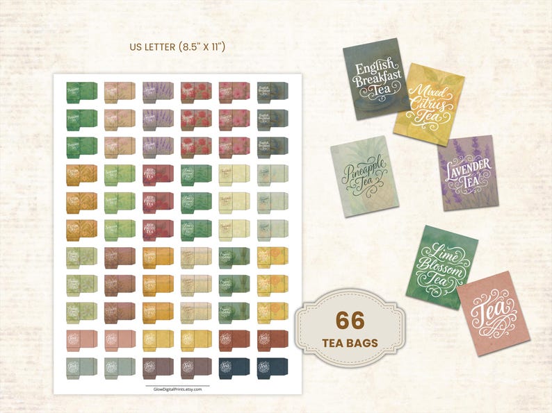 Pode incluir: Uma imagem com 66 etiquetas de saquinhos de ch&aacute; em v&aacute;rias cores, com textos como "English Breakfast Tea" e "Pineapple Tea". A imagem tamb&eacute;m inclui etiquetas individuais de saquinhos de ch&aacute; e uma etiqueta que diz "66 Tea Bags".