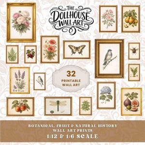 Op de afbeelding: Een verzameling van 32 ingelijste botanische en natuurhistorische wandkunstprints. De prints tonen illustraties van bloemen, fruit, insecten en vogels. De frames zijn goudkleurig en de esthetiek is vintage. De tekst luidt "The Dollhouse Wall Art".