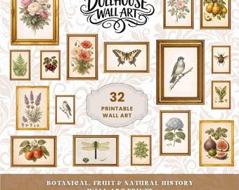 32 Dollhouse Miniature Wall Art Prints, Botanical Fruit Natural History Decor, 1:12 Scale Printable Set, Vintage Gallery Wall Download