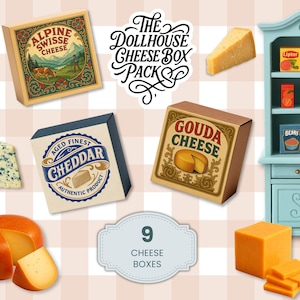 Boîtes de fromages miniatures vintage pour maisons de poupées, 9 mini imprimés d'emballages alimentaires, téléchargement immédiat