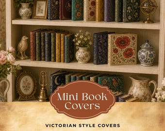 64 copertine di libri in miniatura stampabili, ispirate ai libri vittoriani per case delle bambole di William Morris, libri in miniatura in scala 1:12, download immediato in PDF.
