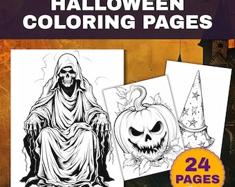 Halloween kleurplaten, 24 spookachtige pdf-bladen om af te drukken, kleurboek voor kinderen en volwassenen, direct downloaden in A4- en US Letter-formaat