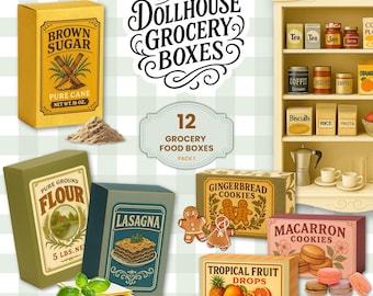 Printable Mini Grocery Boxes 1:12 Scale, Dollhouse Food Packaging, DIY Kitchen Pantry Decor, Digital Download, Ready to print tiny packages