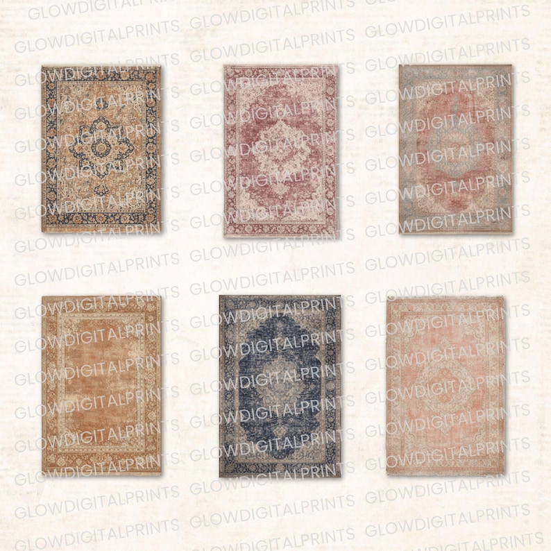 Miniature Rug Print Printable Dollhouse Vintage Distressed Rugs, 1:12 Miniature Carpet Set ...
