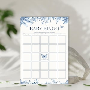Babyshower blauw spel, bewerkbaar babybingospel, direct downloaden, bewerkbaar raadspel voor jongen babyshower, toile de jouy bingospel
