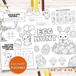 Mantel individual imprimible de búsqueda de huevos de Pascua, hoja de actividades para niños, páginas para colorear, laberinto de conejos, busca las diferencias, juego de mesa para fiestas, descarga instantánea