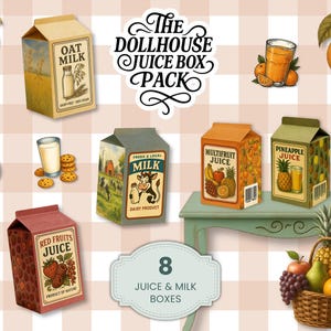 May include: An illustration of eight miniature juice and milk cartons, including oat milk, milk, red fruits, pineapple, and multifruit. The cartons are arranged with oranges, biscuits, and a fruit basket on a checkered background. The text "The Dollhouse Juice Box Pack" is at the top.