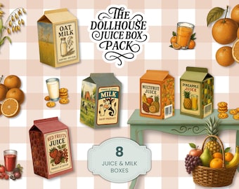 Cartones de jugo y leche en miniatura para casa de muñecas, 8 paquetes de bebidas imprimibles, empaques de jugo vintage para minimercado, descarga instantánea