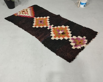 Unique Hallway Runner Rug -Rug Old kitchen- Vintage Berber Rug-Boho Decor- Black Boujaad Rug - Checkered Azilal Rug, Moroccan Handmade Rug