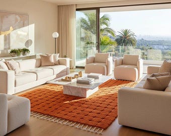 Handmade Beni Mrirt Carpets - Burnt Orange Beni Mrirt Wool Rug – Authentic Moroccan Berber Carpet, Abstract Shag Living Room Design