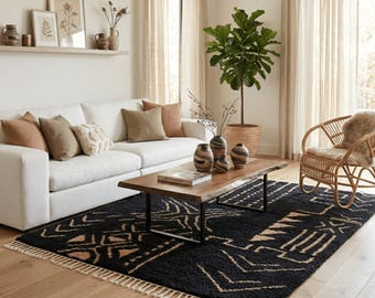 Authentic Moroccan Wool Rug - Black & Beiege Geometric Berber Colorful Carpet - Handmade Abstract Design 8x10 Ft