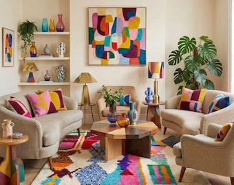 Custom Beni Ourain Moroccan Wool Rug – Multicolor Abstract Geometric Berber Carpet - Beni Ourain Shaggy Rug  (8x10 Ft)