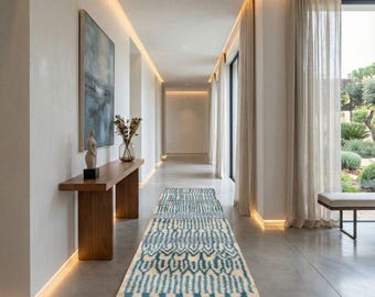 Blue Beni Mrirt Moroccan Runner – Geometric Striped Wool Rug 3x9 ft