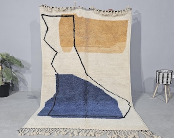 Blue Beni Ourain Rug, Custom Authentic Berber Rug, Blue and Brown Moroccan Rug, Azilal Rugs, Wool Carpets, Artistic Boujaad Wool Rug