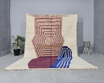 Artistic Boujaad Wool Rug, Blue Beni Ourain Rug, Custom Authentic Berber Rug, Blue and Brown Moroccan Rug, Azilal Rugs, Wool Carpets