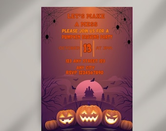 Invitación editable para fiesta de tallado de calabazas, invitación para fiesta de tallado de calabazas de Halloween, invitación infantil de Halloween, invitación digital espeluznante de Halloween