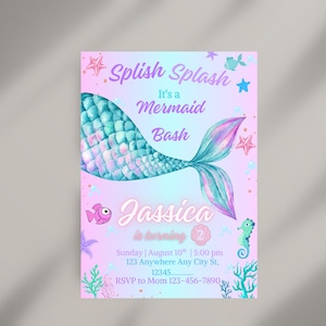 Editable Mermaid Fourth Birthday Invitation 4th Birthday Under the Sea Invite Girl Digital Template Instant Download Pastel Printable Purple