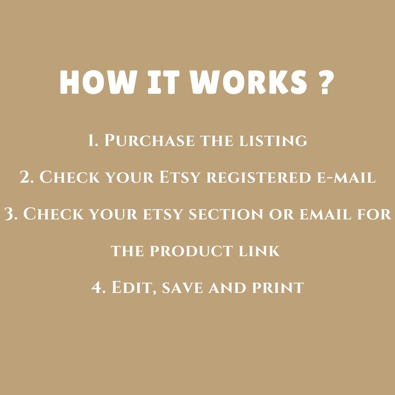 Puede incluir: Fondo beige con texto blanco que explica los pasos para usar un producto. El texto dice "&iquest;C&Oacute;MO FUNCIONA?" seguido de cuatro pasos numerados: Compra el anuncio, revisa tu correo electr&oacute;nico registrado en Etsy, revisa tu secci&oacute;n de Etsy o correo electr&oacute;nico para el enlace del producto, y edita, guarda e imprime.